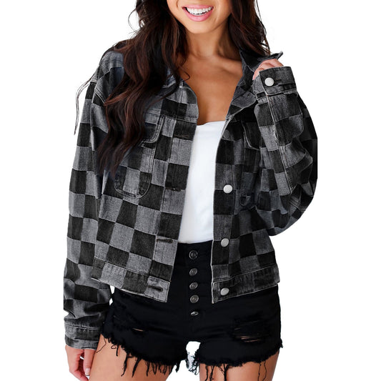 Black Checkered Denim Jacket