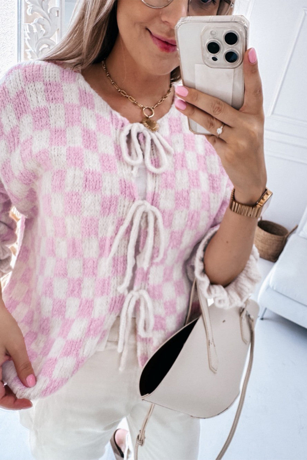 Checkered Knitted Lace-Up 3/4 Ruffled Light Pink Cardigan