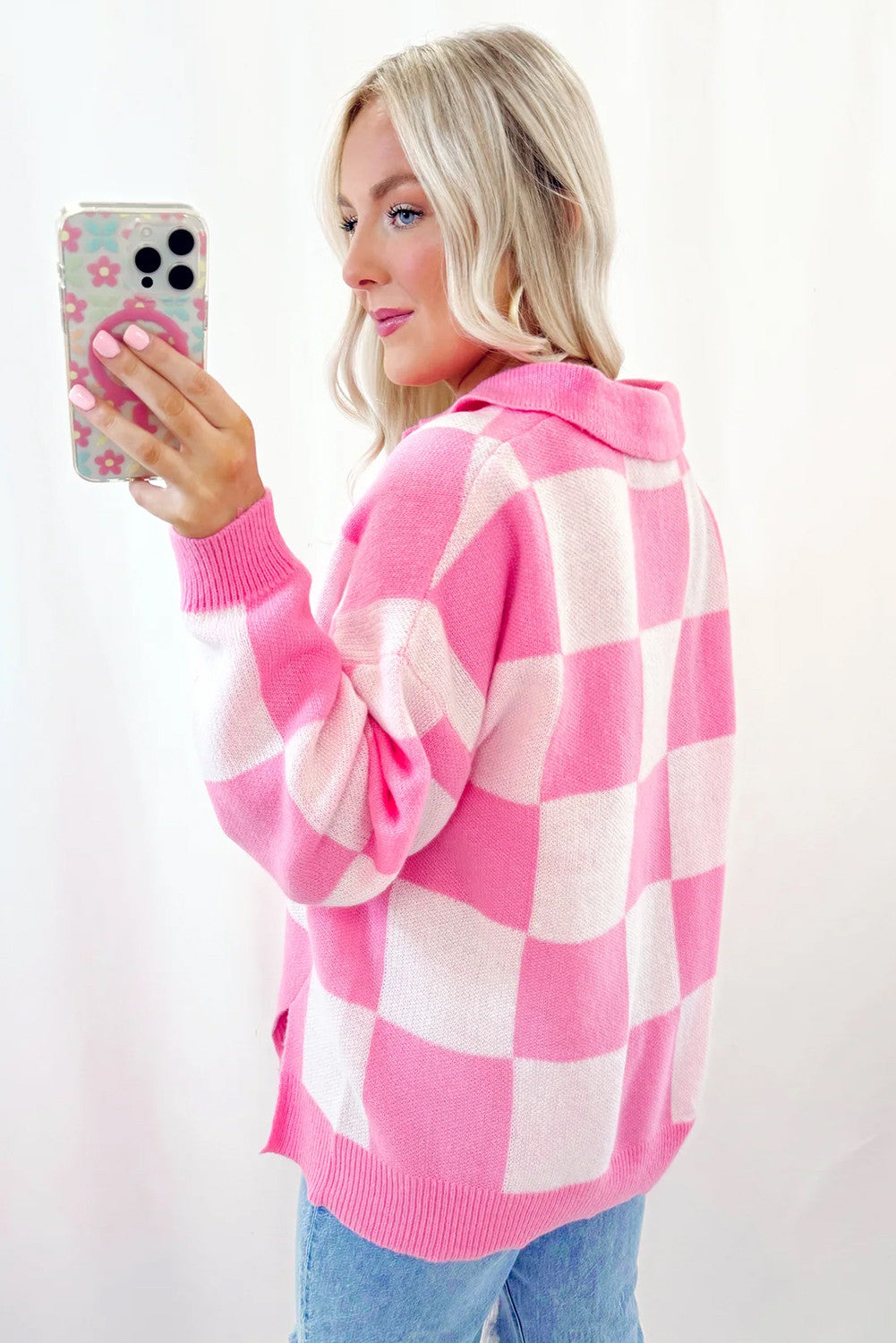 Checkered Button Collared Pink Sweater