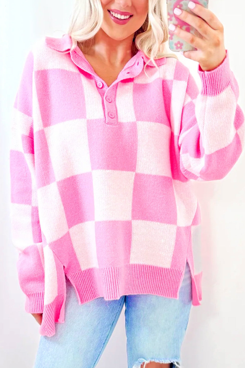 Checkered Button Collared Pink Sweater